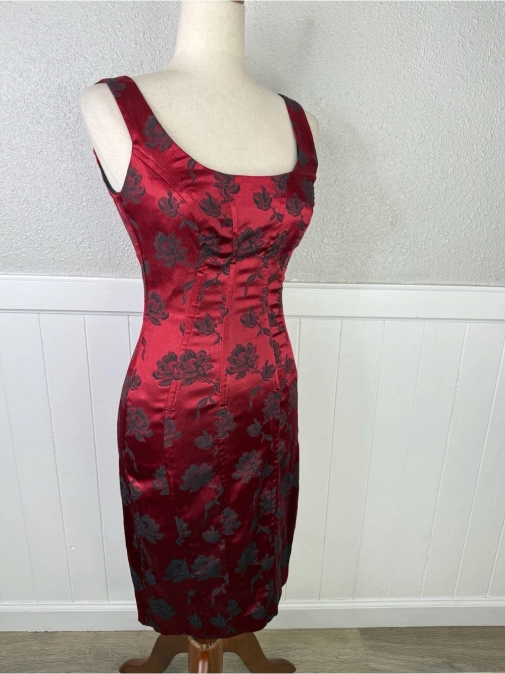 Vtg y2k Goth Vamp Dress Satin Red Floral Brocade Lace Up Corset Sz 2 Whimsigoth